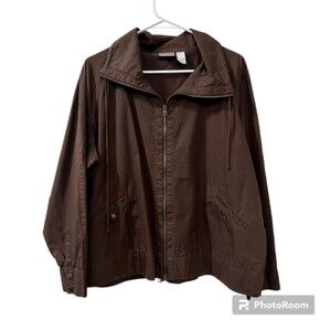 Chicos Brown Full Zip Cotton Drawstring Collar Long Sleeve Light Jacket Size 2